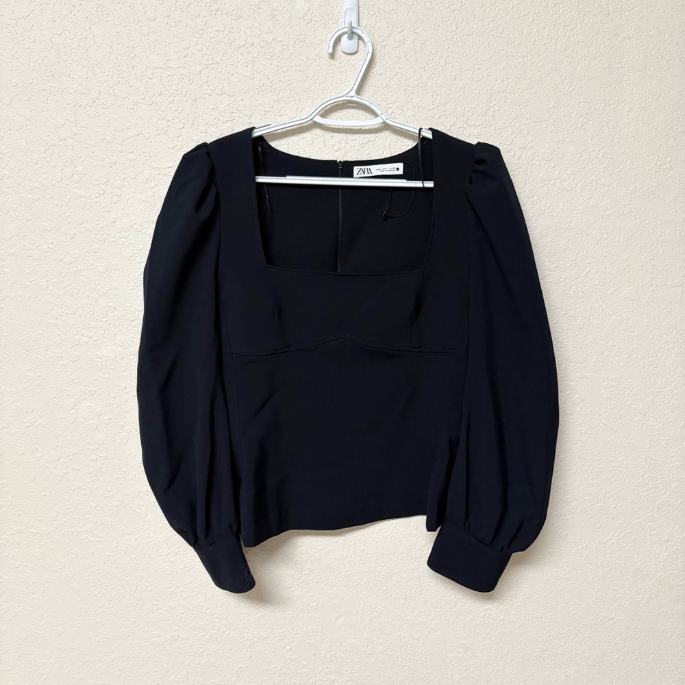 Zara Voluminous Puff Long Sleeve Square Neck Top Size L Black